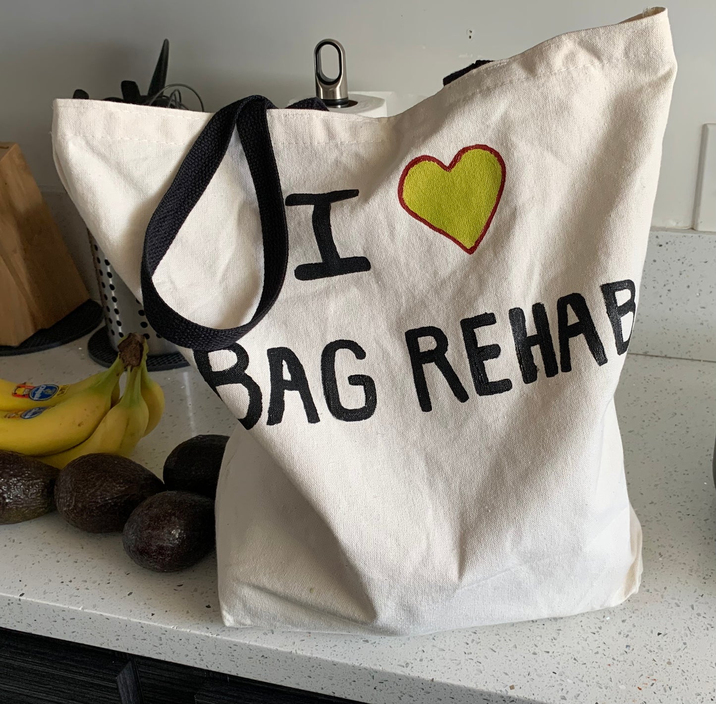 Each Bag Has Been Custom Designed. Every Bag is Sewn by Hand and Made In The USA from Recycled Cotton and Recycled Plastic Bottles.  25-inch handles allow you to easily carry your bag over your shoulder. 13-inch handle allows you to easily carry your bag by hand. READY TO DECORATE!